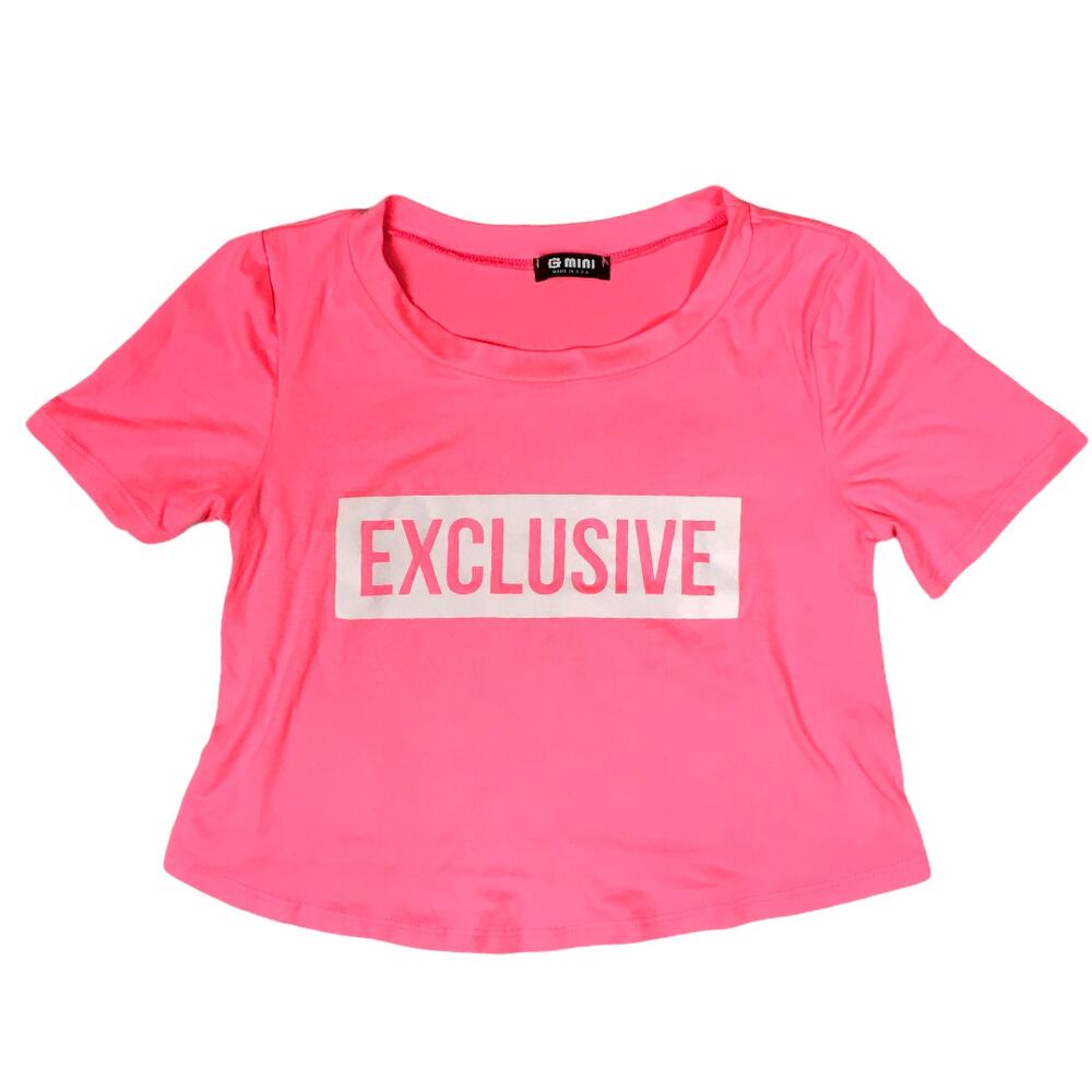 G Mini Crop Top‎ Exclusive Graphic Tee Pink Short Sleeve Lettering Women's S
